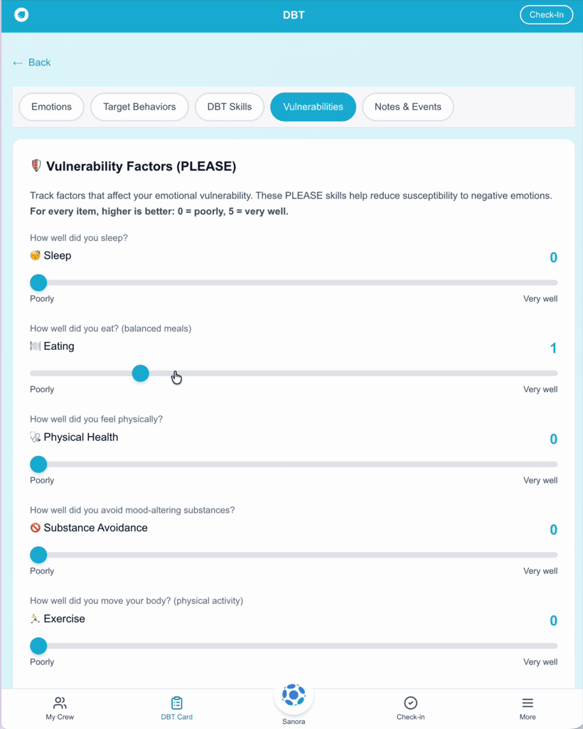 The diary card PLEASE factors screen on a phone, sample data