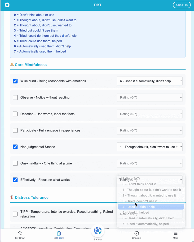 The diary card DBT skills screen on a phone, sample data