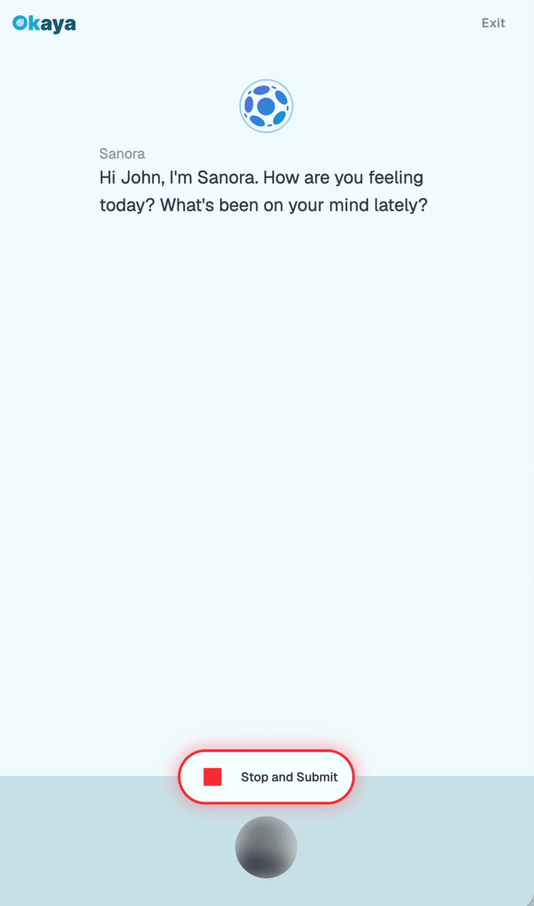 Sanora's first question on a phone, with the Stop and Submit button, sample data