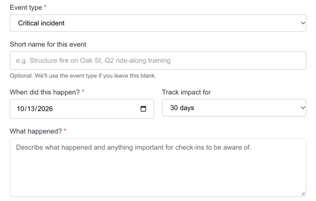 The top of the conversation starter form on a desktop: event type, short name, date, impact period and what happened, sample data